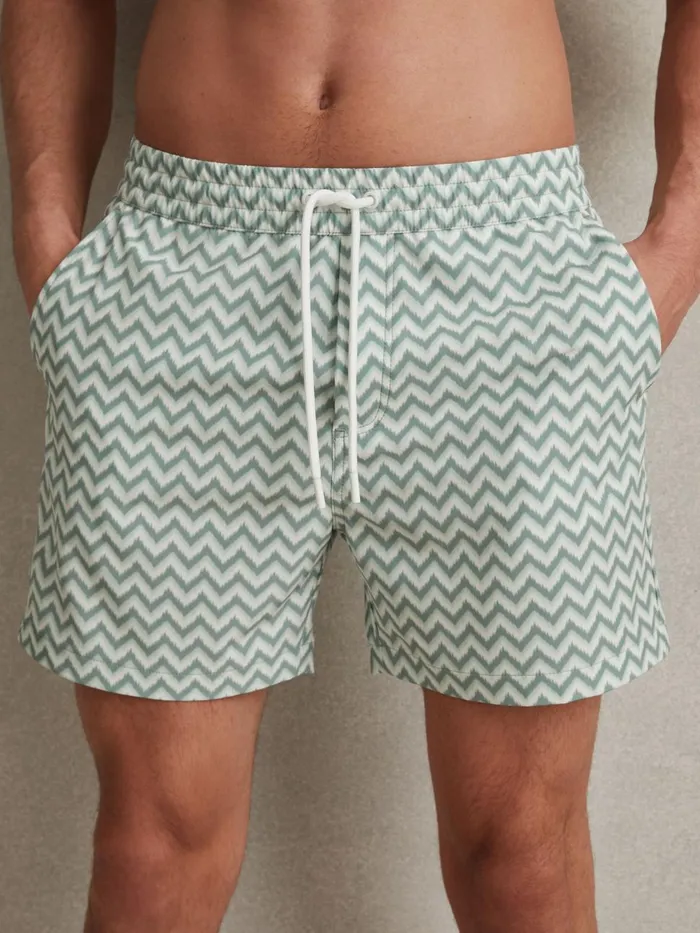 Men Reiss Swimwear Cable ZigZag Print Drawstring Swim Shorts Sage