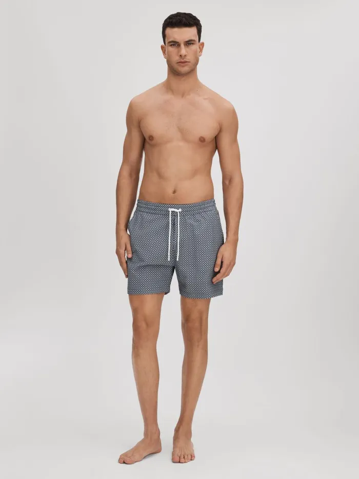 Men Reiss Swimwear Shape Printed Drawstring Swim Shorts Airforce Bluewhite