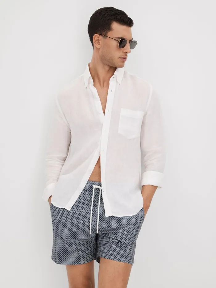 Men Reiss Swimwear Shape Printed Drawstring Swim Shorts Airforce Bluewhite