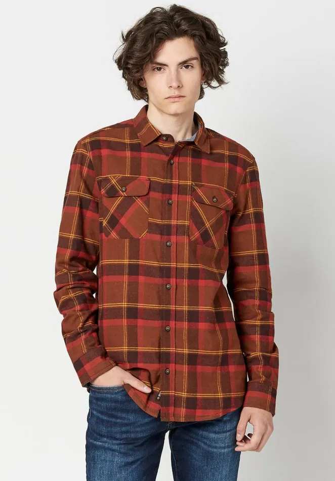 Men Sawood Plaid Flannel Shirt In Burnt Orange Harvest Buffalo David Bitton Shirts