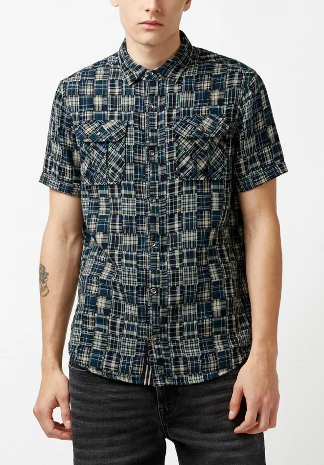 Men Short Sleeves Soqut Loose Weave Plaid Shirt Whale Buffalo David Bitton Shirts