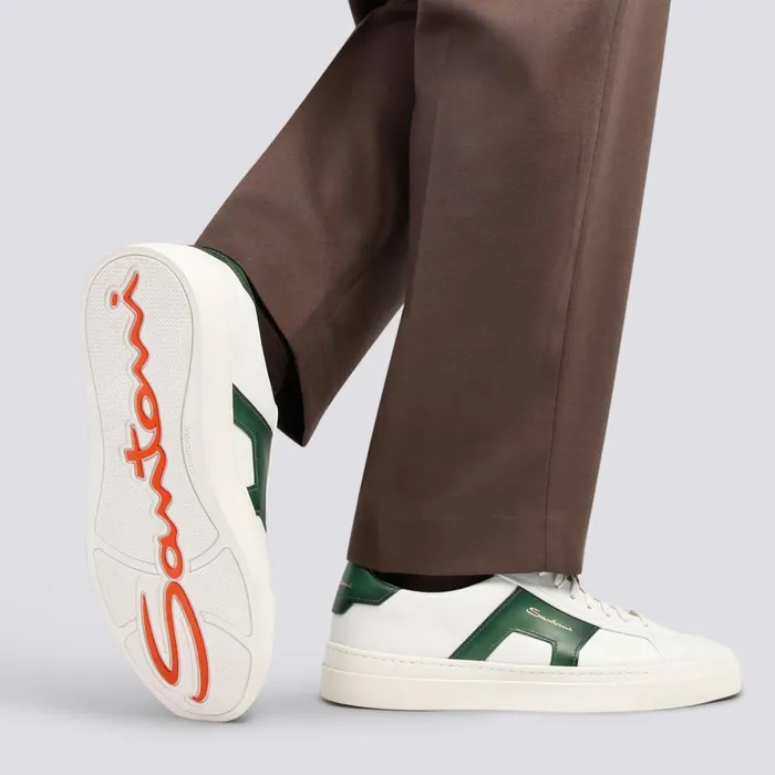 Men White And Green Leather Double Buckle Sneaker Santoni Sneakers