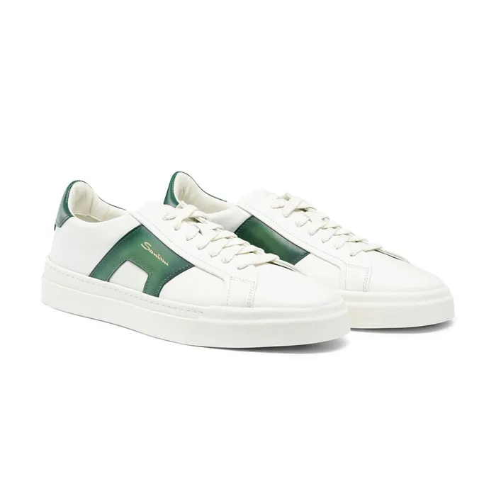 Men White And Green Leather Double Buckle Sneaker Santoni Sneakers