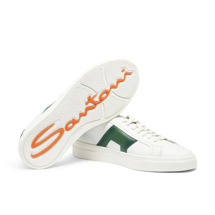 Men White And Green Leather Double Buckle Sneaker Santoni Sneakers