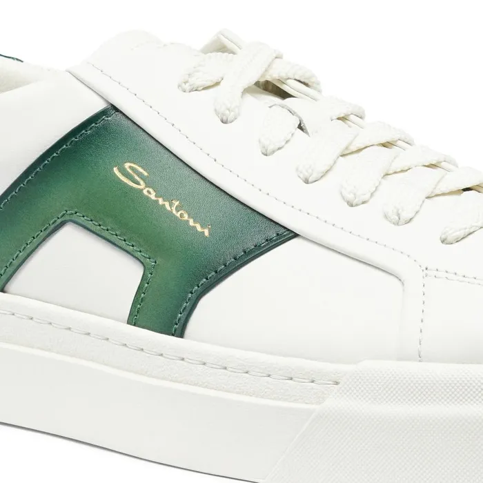 Men White And Green Leather Double Buckle Sneaker Santoni Sneakers
