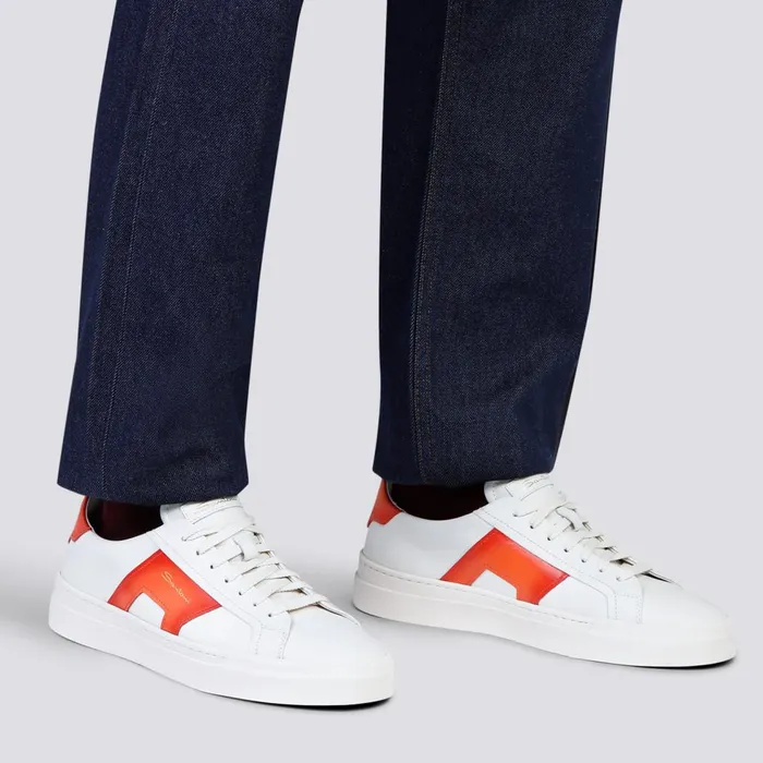Men White And Orange Leather Double Buckle Sneaker Santoni Sneakers