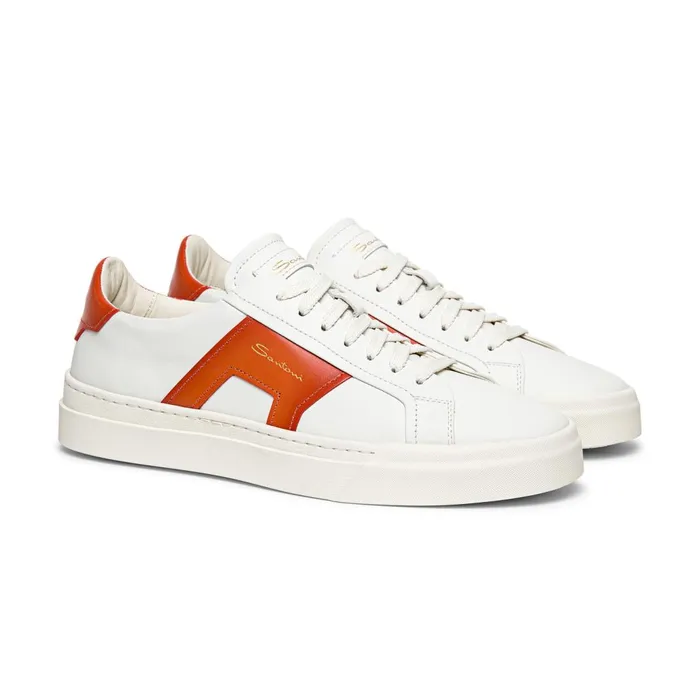 Men White And Orange Leather Double Buckle Sneaker Santoni Sneakers