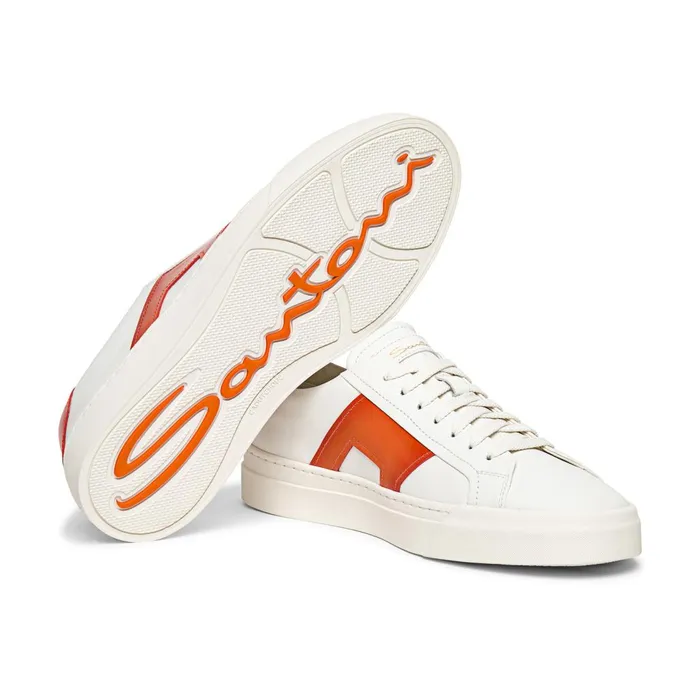Men White And Orange Leather Double Buckle Sneaker Santoni Sneakers
