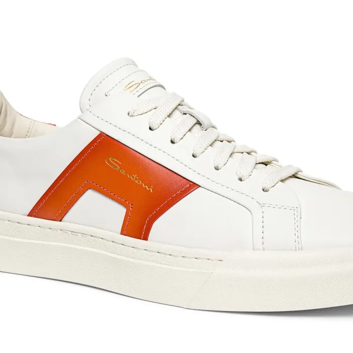 Men White And Orange Leather Double Buckle Sneaker Santoni Sneakers