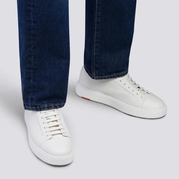 Men White Tumbled Leather Sneaker Santoni Sneakers