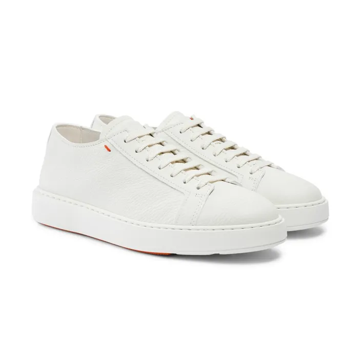 Men White Tumbled Leather Sneaker Santoni Sneakers