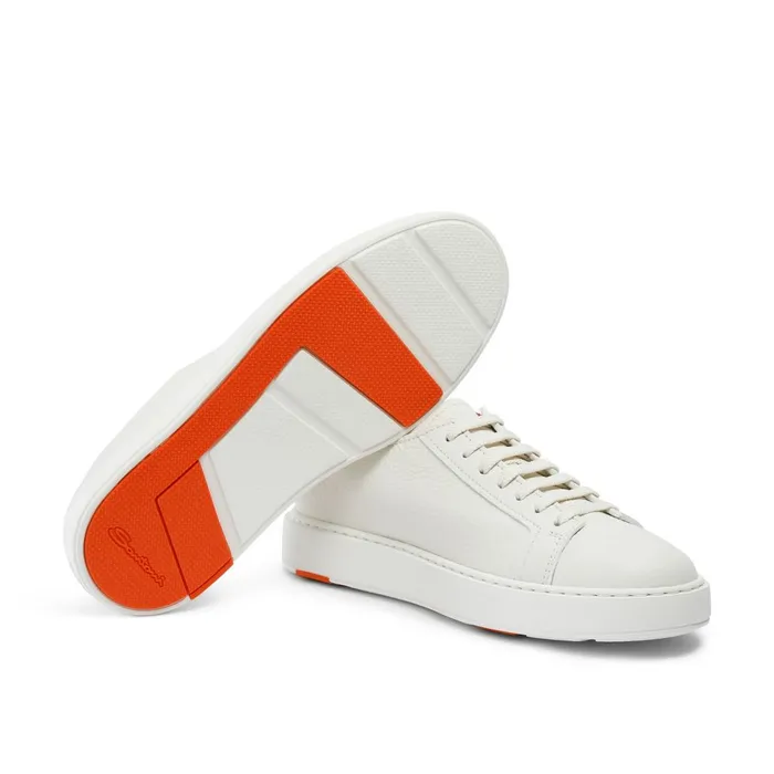 Men White Tumbled Leather Sneaker Santoni Sneakers