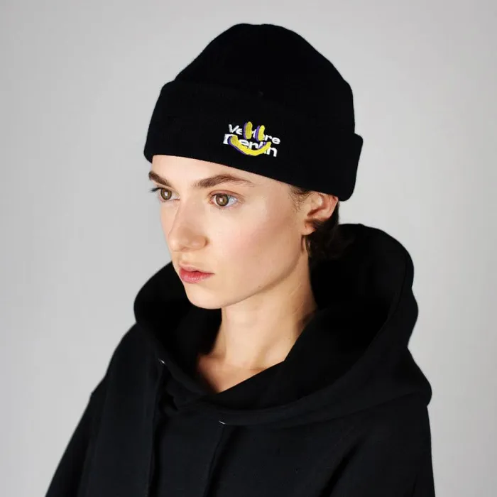 MenWomen BEANIES CAPS and SCARVES Vertere Berlin SHORT MERINO BEANIE SMILE FOR ME 8211 BLACK