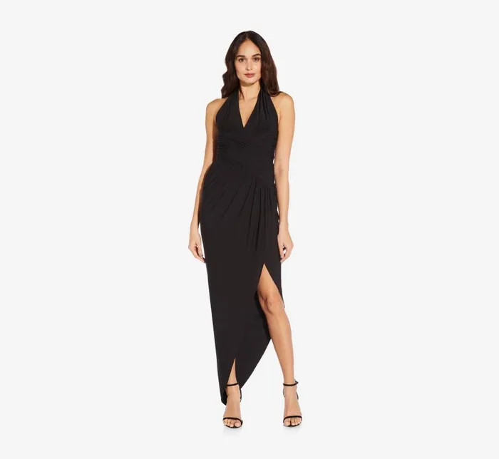 Midi Dresses Womens Adrianna Papell Asymmetrical Halter Sheath MidiLength Jersey Dress In Black