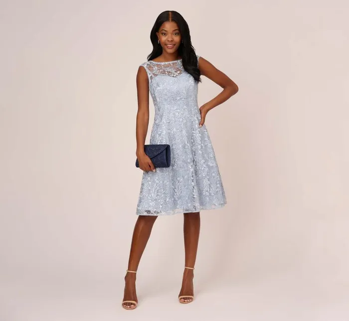 Midi Dresses Womens Adrianna Papell Embroidered Sleeveless Midi Cocktail Dress In Skyway