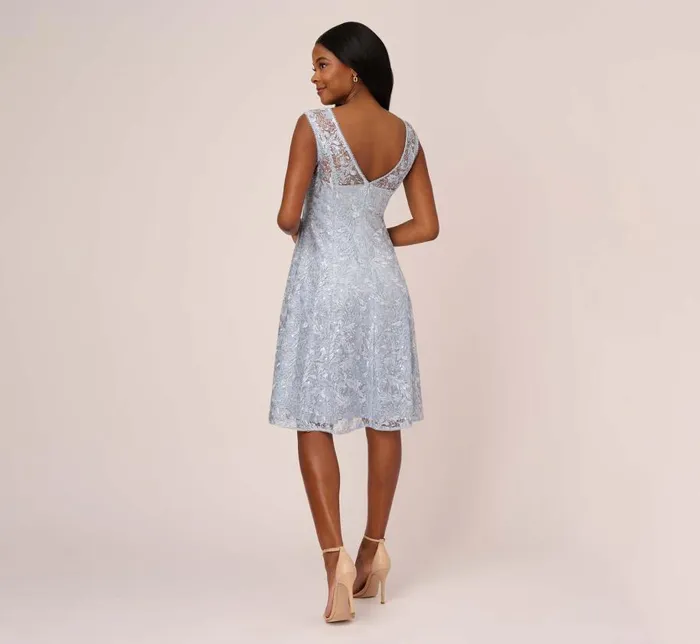 Midi Dresses Womens Adrianna Papell Embroidered Sleeveless Midi Cocktail Dress In Skyway