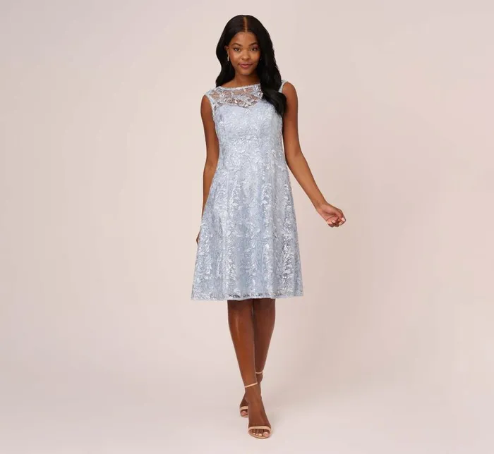 Midi Dresses Womens Adrianna Papell Embroidered Sleeveless Midi Cocktail Dress In Skyway