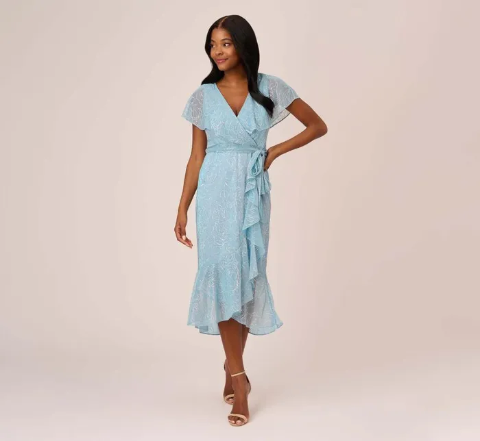 Midi Dresses Womens Adrianna Papell Floral Metallic Stencil MidiLength Mermaid Dress With Capelet In Light Blue