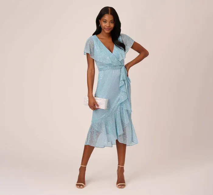 Midi Dresses Womens Adrianna Papell Floral Metallic Stencil MidiLength Mermaid Dress With Capelet In Light Blue