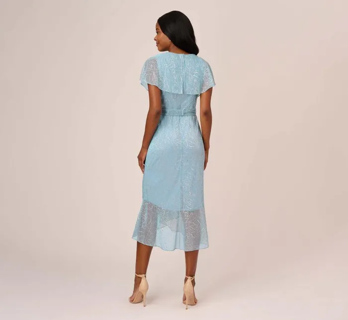 Midi Dresses Womens Adrianna Papell Floral Metallic Stencil MidiLength Mermaid Dress With Capelet In Light Blue