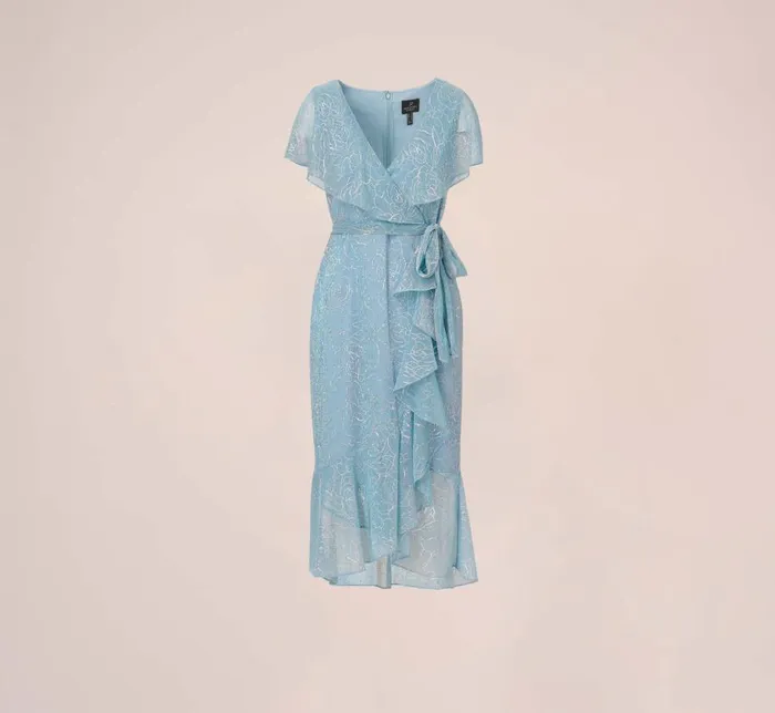 Midi Dresses Womens Adrianna Papell Floral Metallic Stencil MidiLength Mermaid Dress With Capelet In Light Blue