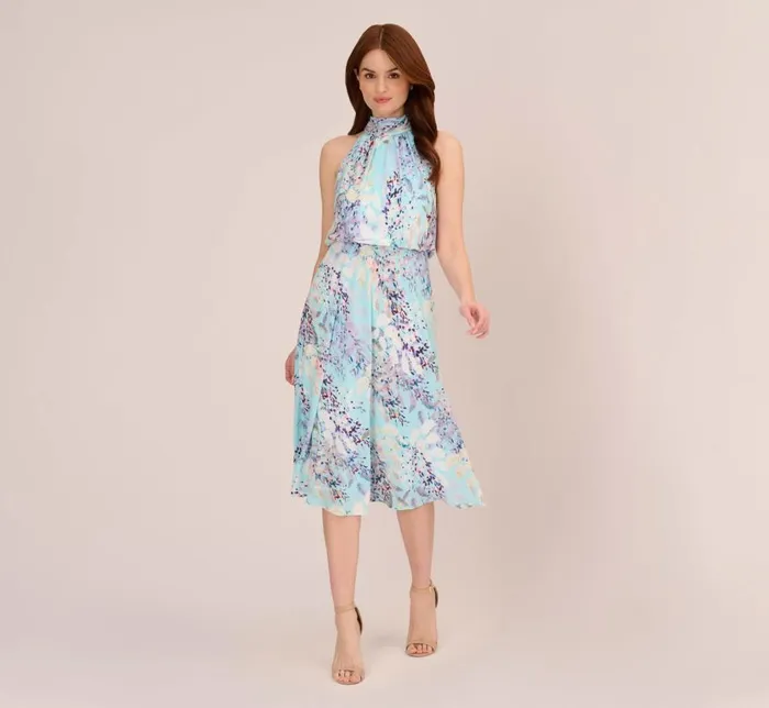 Midi Dresses Womens Adrianna Papell Floral Mock Neck Midi Dress In Light Blue Multi
