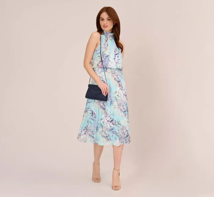 Midi Dresses Womens Adrianna Papell Floral Mock Neck Midi Dress In Light Blue Multi