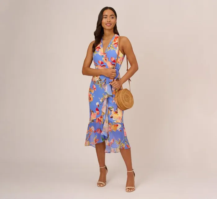 Midi Dresses Womens Adrianna Papell Floral Print Faux Wrap Halter Dress With Ruffle Details In Peri Multi