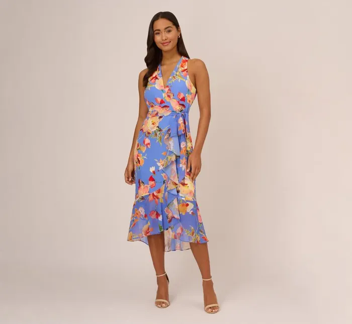 Midi Dresses Womens Adrianna Papell Floral Print Faux Wrap Halter Dress With Ruffle Details In Peri Multi