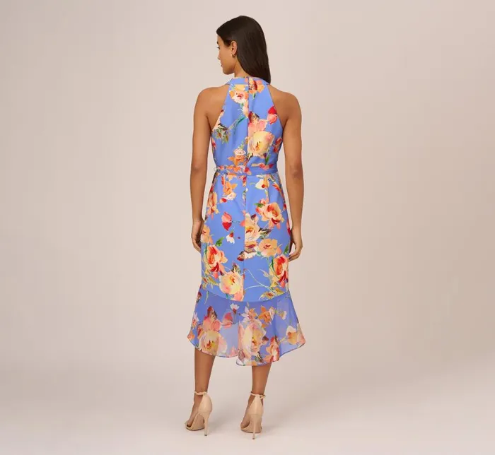 Midi Dresses Womens Adrianna Papell Floral Print Faux Wrap Halter Dress With Ruffle Details In Peri Multi