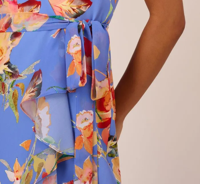 Midi Dresses Womens Adrianna Papell Floral Print Faux Wrap Halter Dress With Ruffle Details In Peri Multi