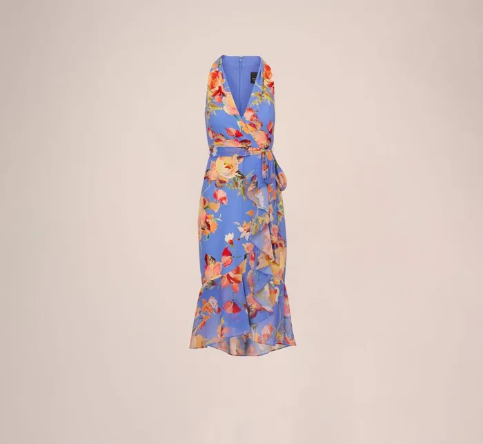 Midi Dresses Womens Adrianna Papell Floral Print Faux Wrap Halter Dress With Ruffle Details In Peri Multi