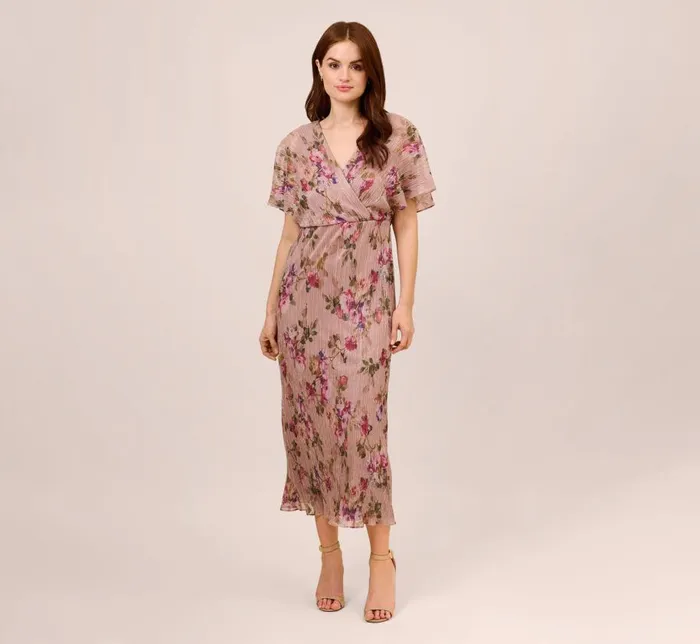Midi Dresses Womens Adrianna Papell FloralPrint Metallic Crinkled Mesh MidiLength Blouson Dress In Rose Multi