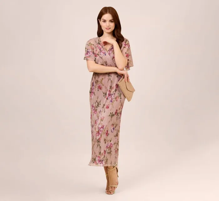 Midi Dresses Womens Adrianna Papell FloralPrint Metallic Crinkled Mesh MidiLength Blouson Dress In Rose Multi