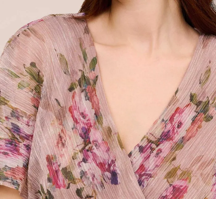 Midi Dresses Womens Adrianna Papell FloralPrint Metallic Crinkled Mesh MidiLength Blouson Dress In Rose Multi
