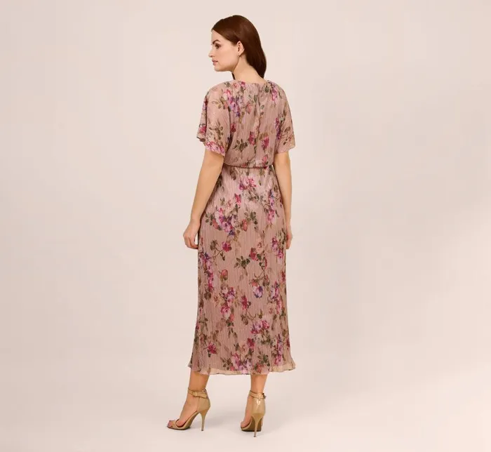 Midi Dresses Womens Adrianna Papell FloralPrint Metallic Crinkled Mesh MidiLength Blouson Dress In Rose Multi