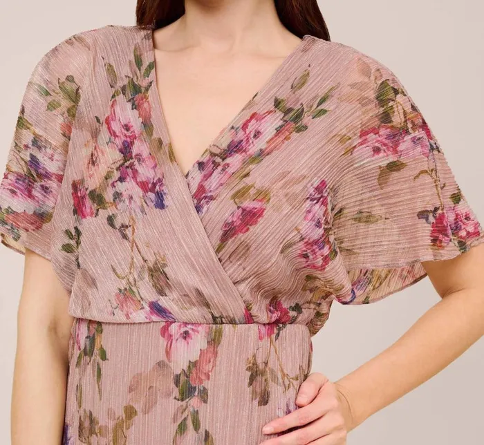 Midi Dresses Womens Adrianna Papell FloralPrint Metallic Crinkled Mesh MidiLength Blouson Dress In Rose Multi