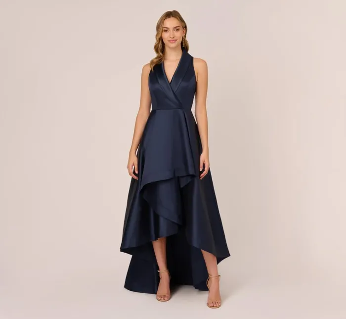 Midi Dresses Womens Adrianna Papell Mikado HighLow MidiLength Tuxedo Gown In Midnight