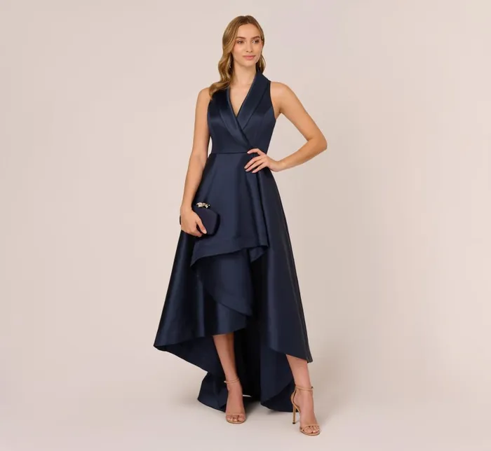 Midi Dresses Womens Adrianna Papell Mikado HighLow MidiLength Tuxedo Gown In Midnight