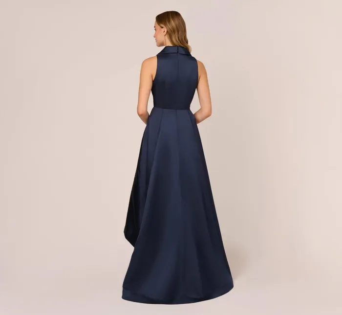Midi Dresses Womens Adrianna Papell Mikado HighLow MidiLength Tuxedo Gown In Midnight