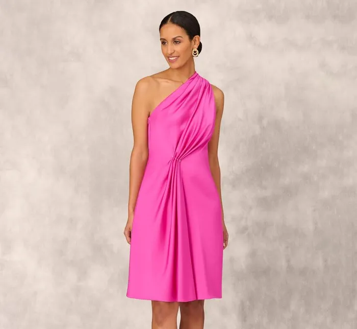 Midi Dresses Womens Adrianna Papell One Shoulder Midi Dress With Pleated Details In Magenta
