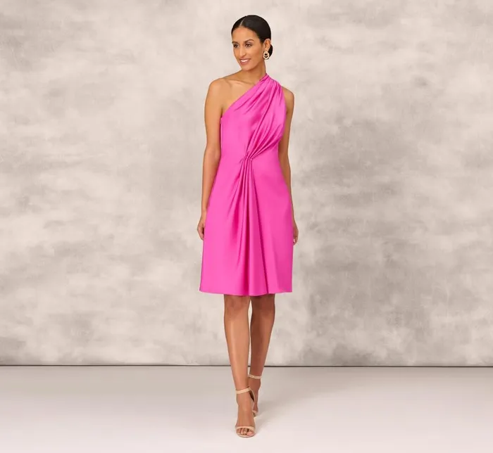Midi Dresses Womens Adrianna Papell One Shoulder Midi Dress With Pleated Details In Magenta