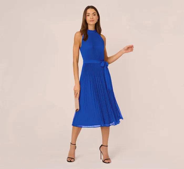 Midi Dresses Womens Adrianna Papell Pleated Sleeveless Chiffon Dress With Tie Waist In Dark Cobalt