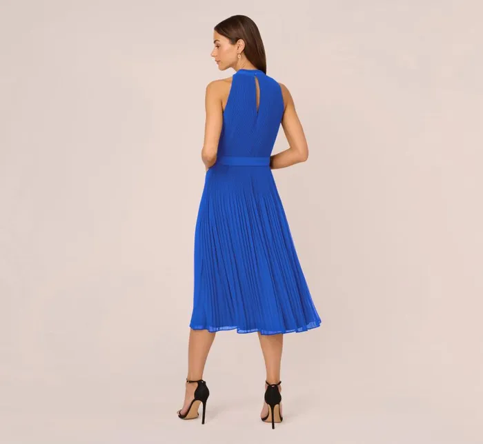 Midi Dresses Womens Adrianna Papell Pleated Sleeveless Chiffon Dress With Tie Waist In Dark Cobalt