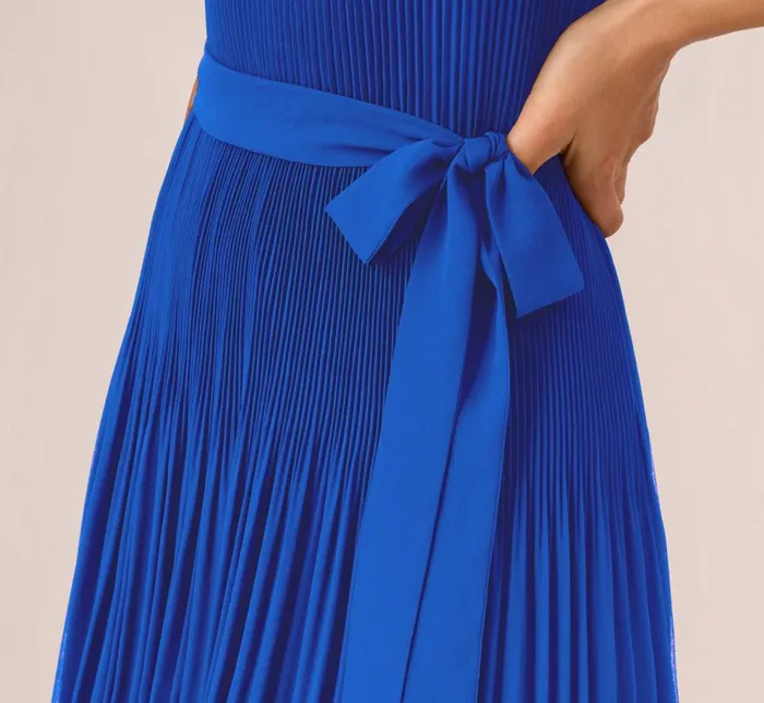 Midi Dresses Womens Adrianna Papell Pleated Sleeveless Chiffon Dress With Tie Waist In Dark Cobalt