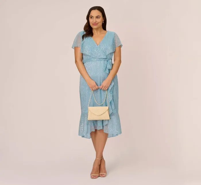 Midi Dresses Womens Adrianna Papell Plus Size Floral Metallic Stencil MidiLength Mermaid Dress With Capelet In Light Blue