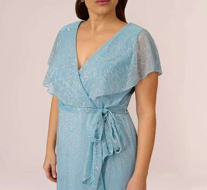 Midi Dresses Womens Adrianna Papell Plus Size Floral Metallic Stencil MidiLength Mermaid Dress With Capelet In Light Blue