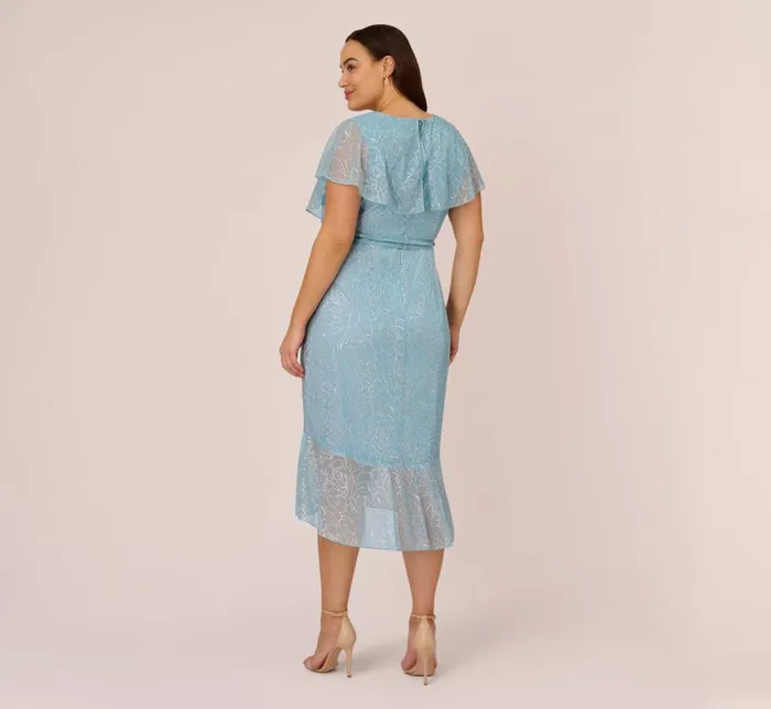 Midi Dresses Womens Adrianna Papell Plus Size Floral Metallic Stencil MidiLength Mermaid Dress With Capelet In Light Blue