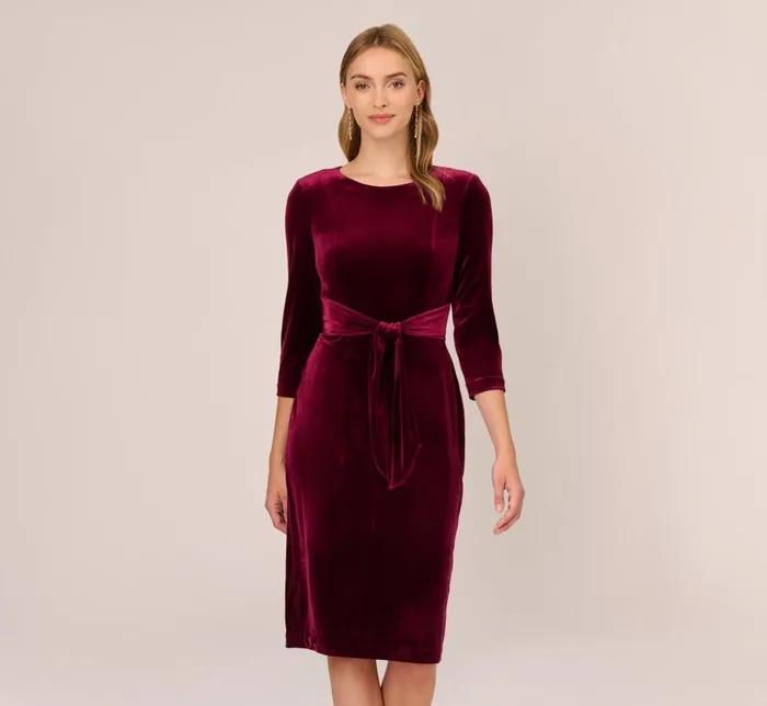 Midi Dresses Womens Adrianna Papell Velvet Tie Front Midi Dress With Three Quarter Sleeves In Burgundy