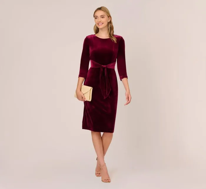 Midi Dresses Womens Adrianna Papell Velvet Tie Front Midi Dress With Three Quarter Sleeves In Burgundy
